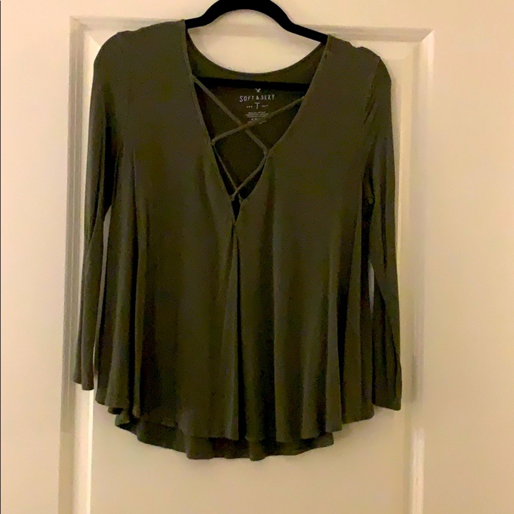AE Green V-neck Lace Up Top